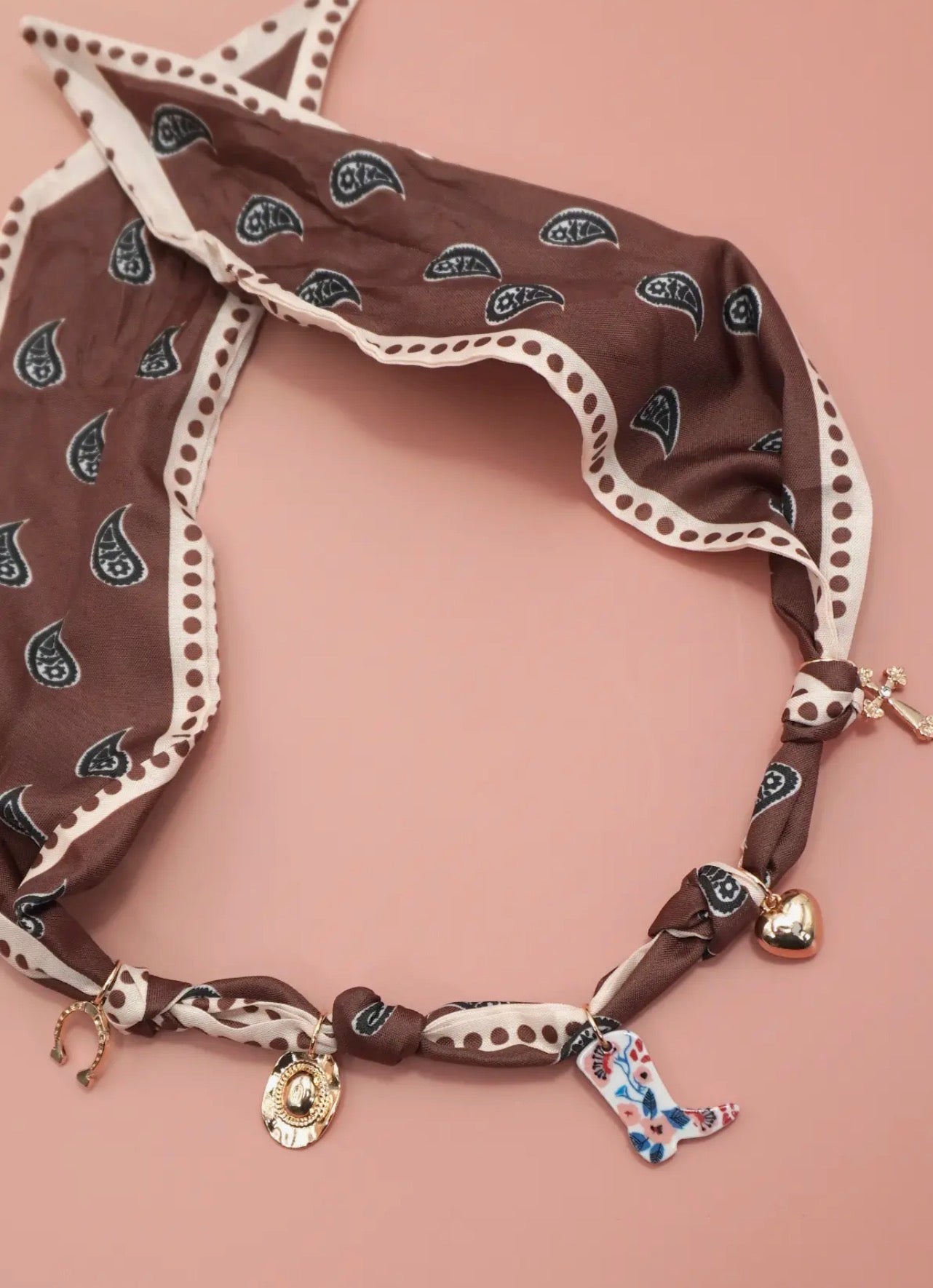 Brown charm scarf necklace