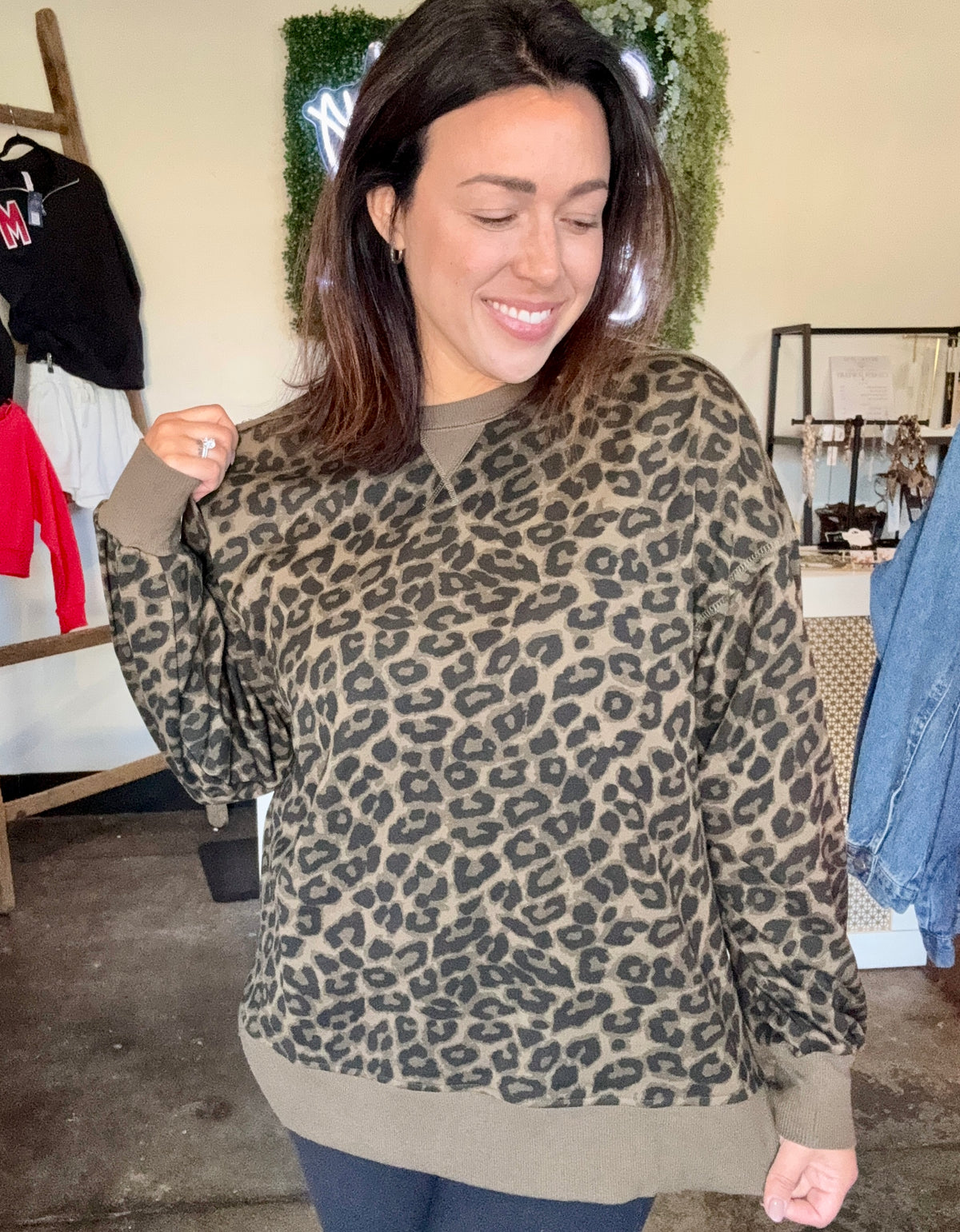 Olive leopard relaxed sweatshirt