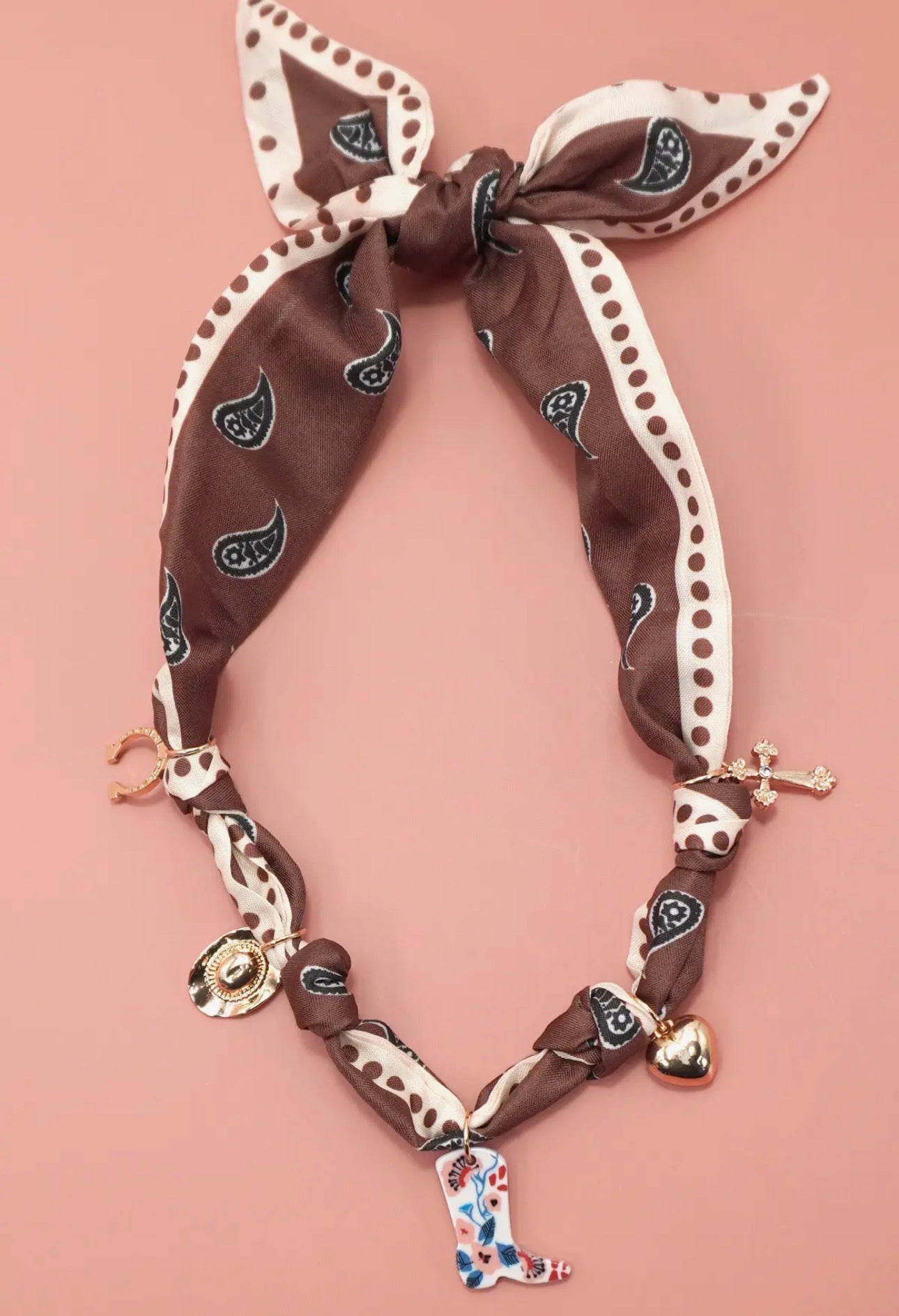 Brown charm scarf necklace