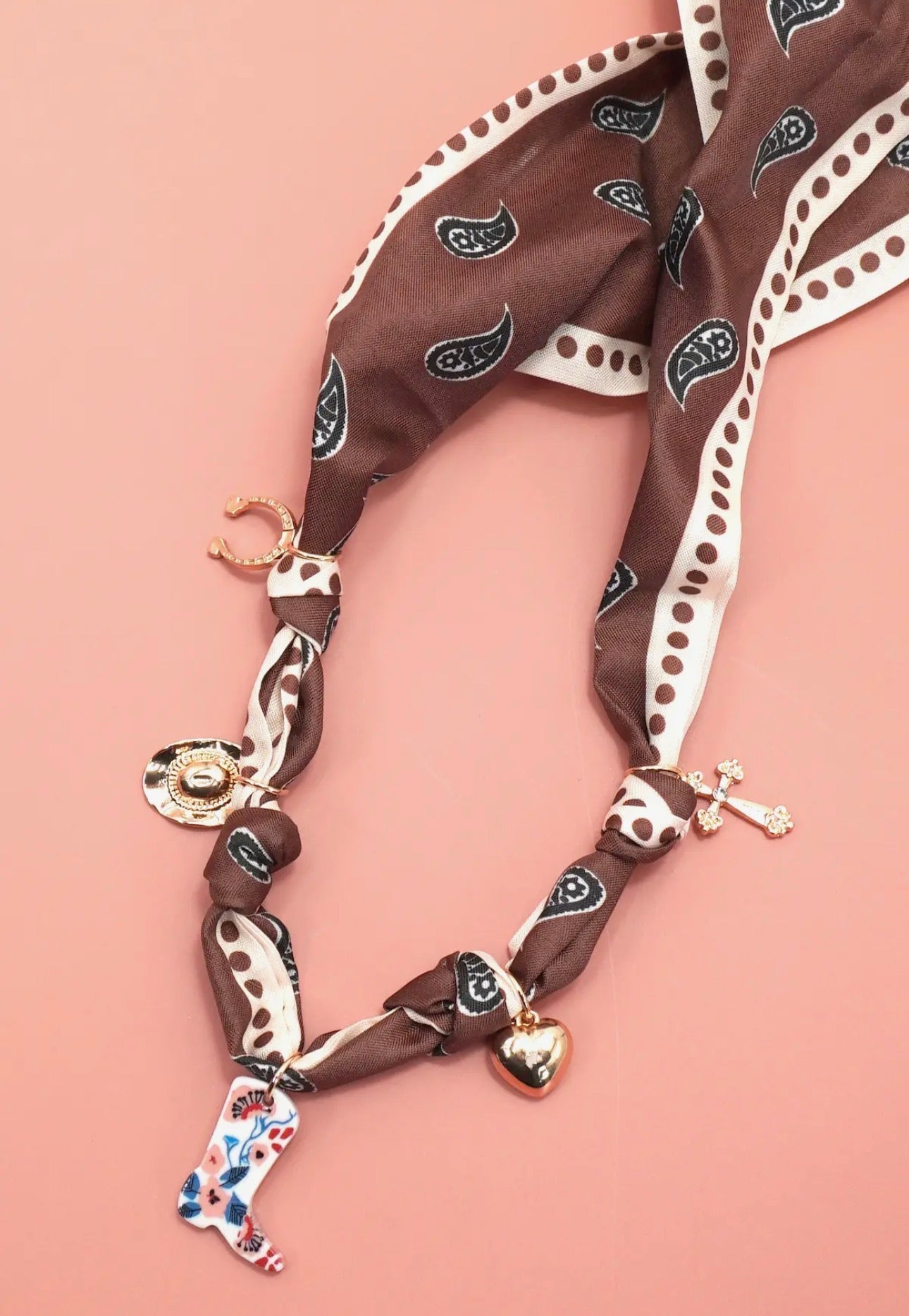 Brown charm scarf necklace