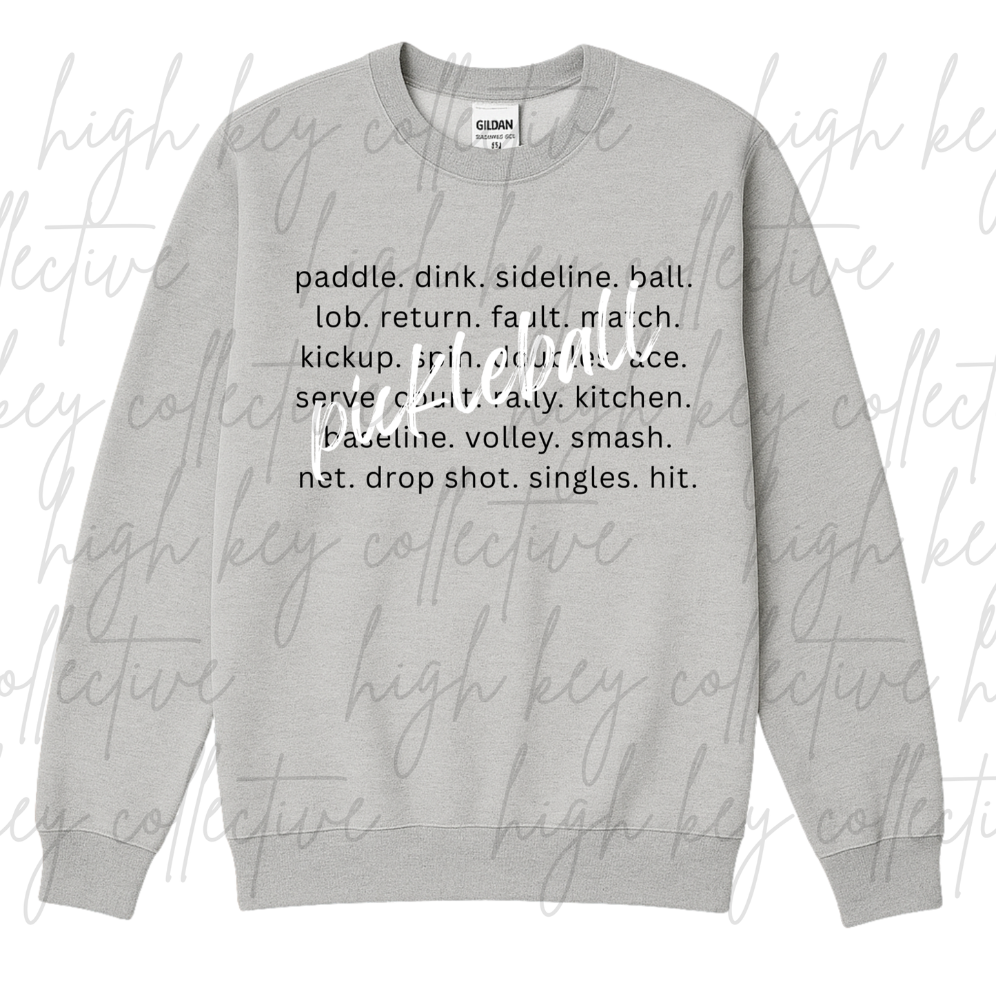 Gray sweatshirt with sports-related text on a white background